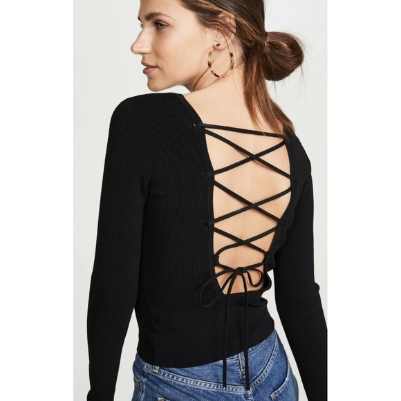Ramy Brook Sweaters - NWT Womens Ramy Brook Black Lucas Open Back‎ Lace-Up Knit Sweater Large